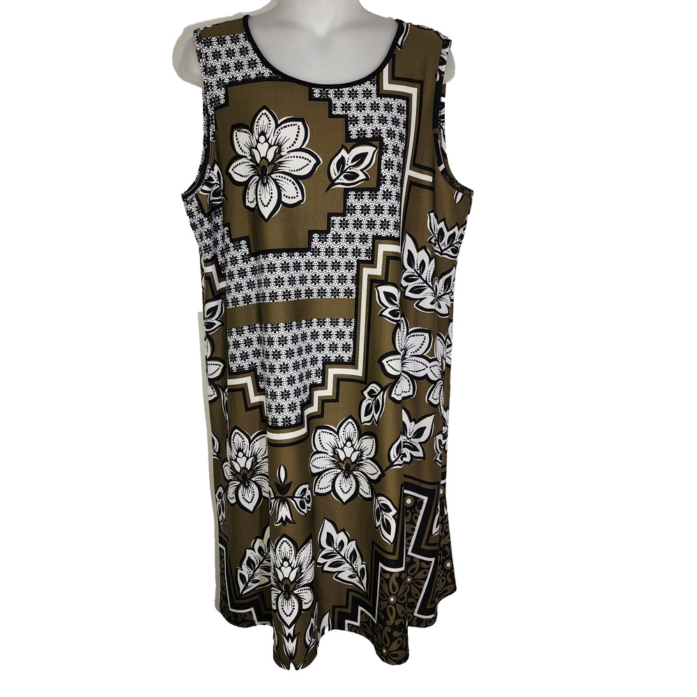 AGB Womens Floral Dress Size XL Shift Knee Length Olive Green Sleeveless Keyhole